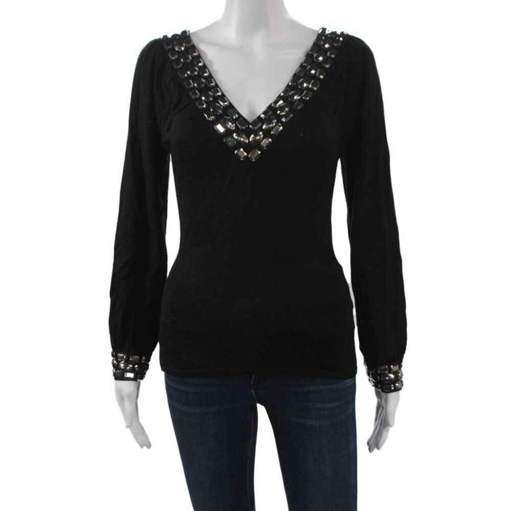Naeem Khan Women Pullover Sweater Black V-Neck Jeweled Long Sleeve Size S